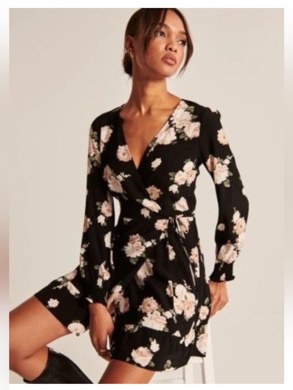 Abercrombie & Fitch Black Floral Wrap Dress with Blush Accents